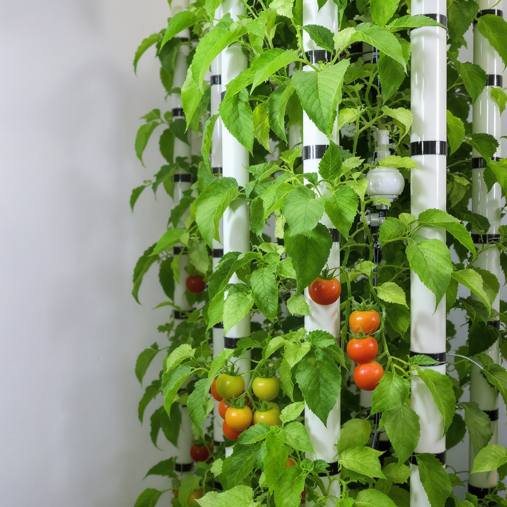 Vibrant tomato plants growing vertically in a stacked hydroponic tower system indoors with ripe red fruits