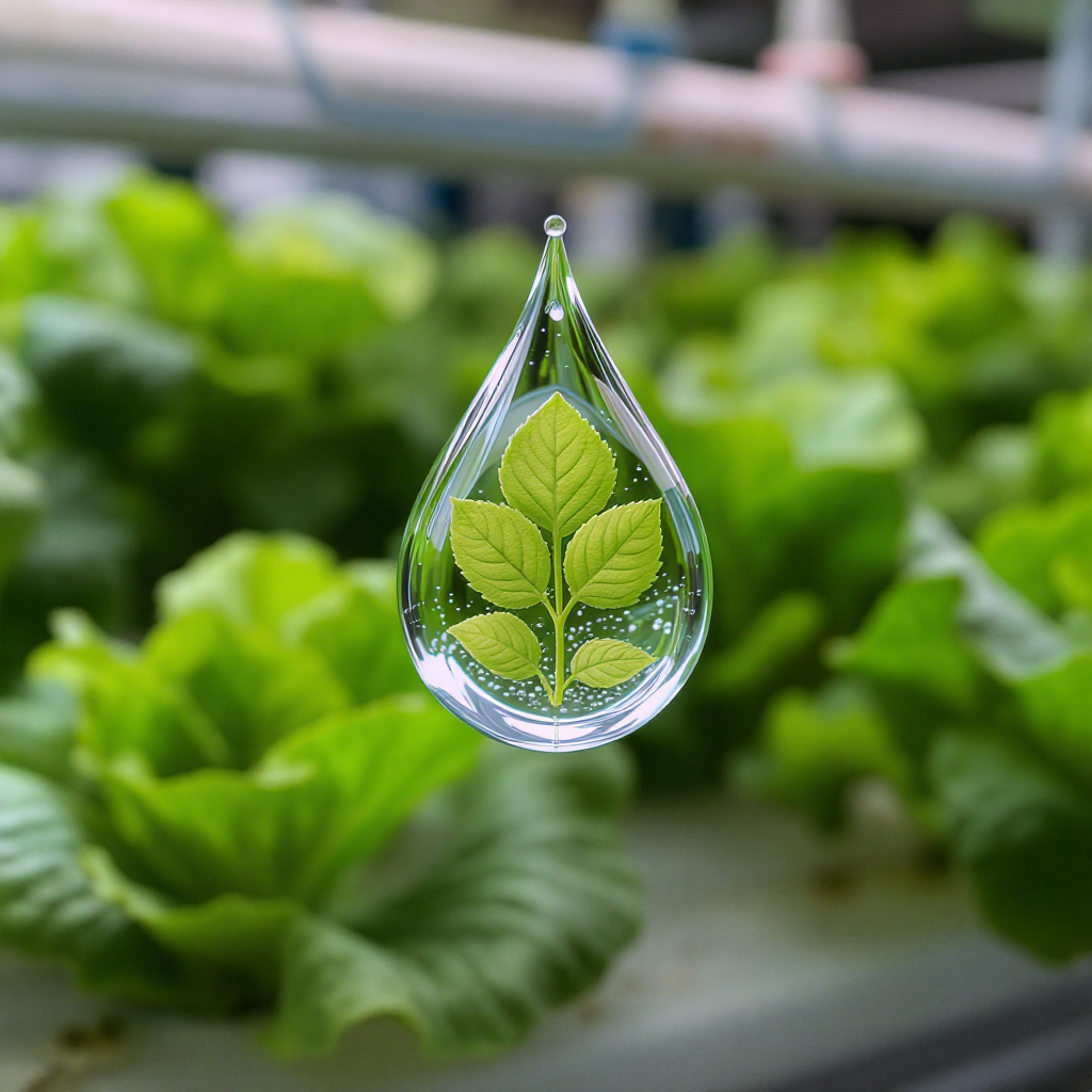 Water droplets representing conservation with a background of lush green lettuce plants in a hydroponic setup