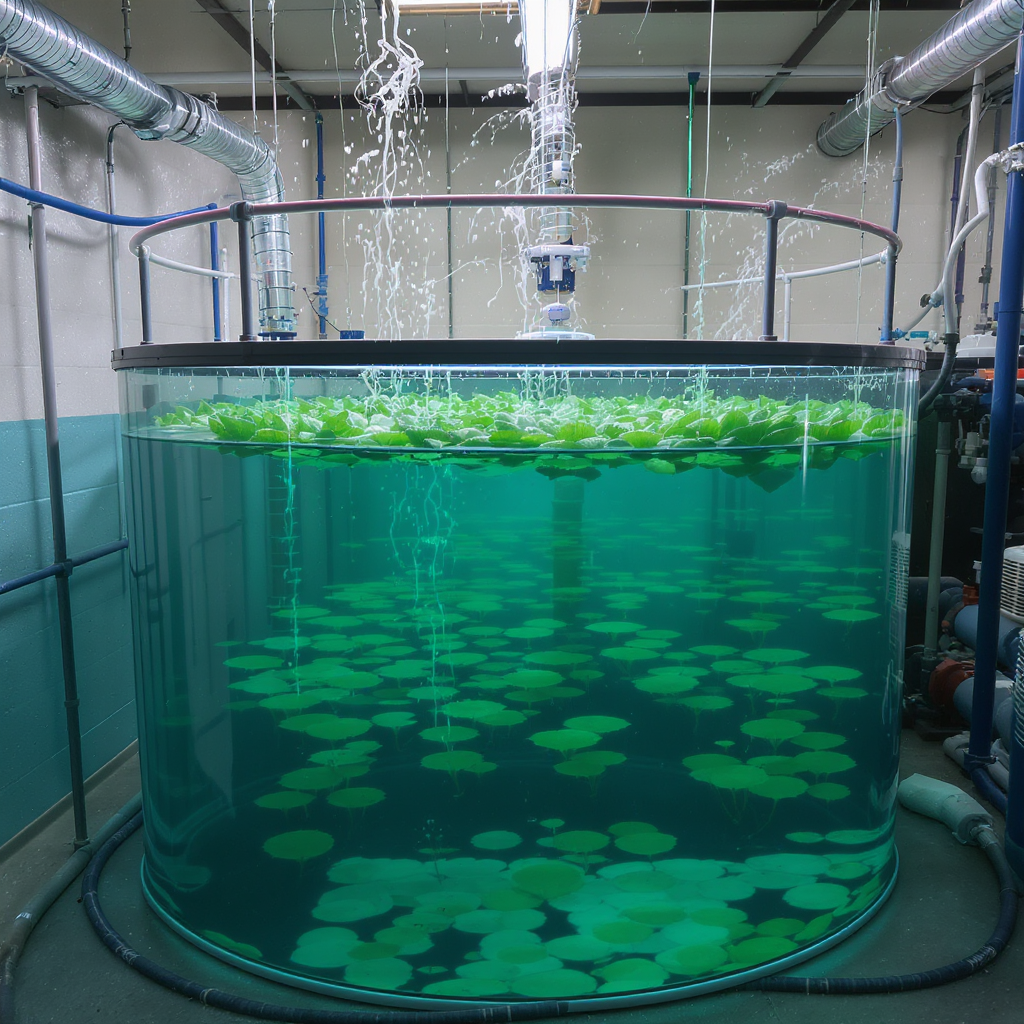 Deep water culture setup with floating plants in a large reservoir of oxygenated nutrient solution and air pumps bubbling