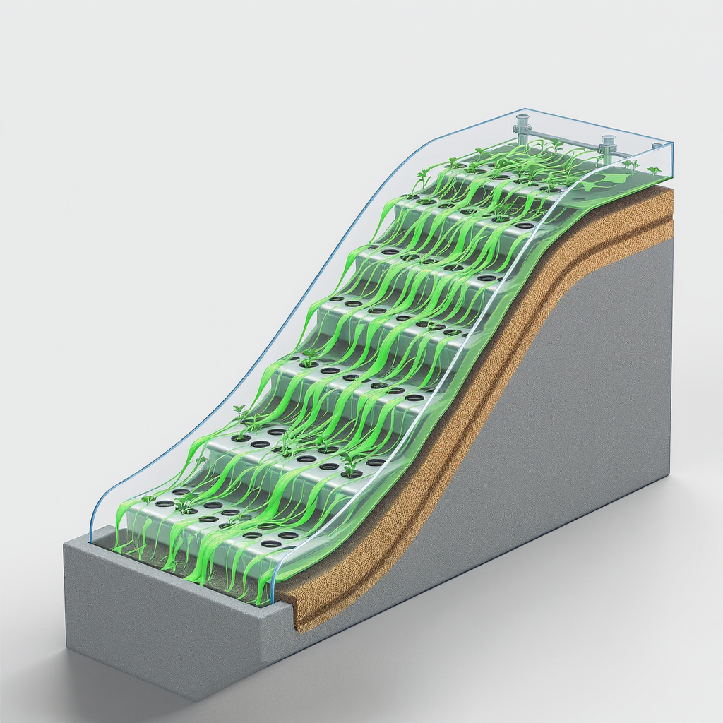 Perspective view of a nutrient film technique hydroponic system with sloping channels of flowing green water nurturing plant roots